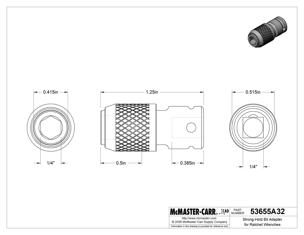 Technical Drawing of Strong-Hold Bit Adapter for Ratchet Wrenches, with Quick-Change Chuck, 1/4" Square Drive, 1/4" Hex Shank.